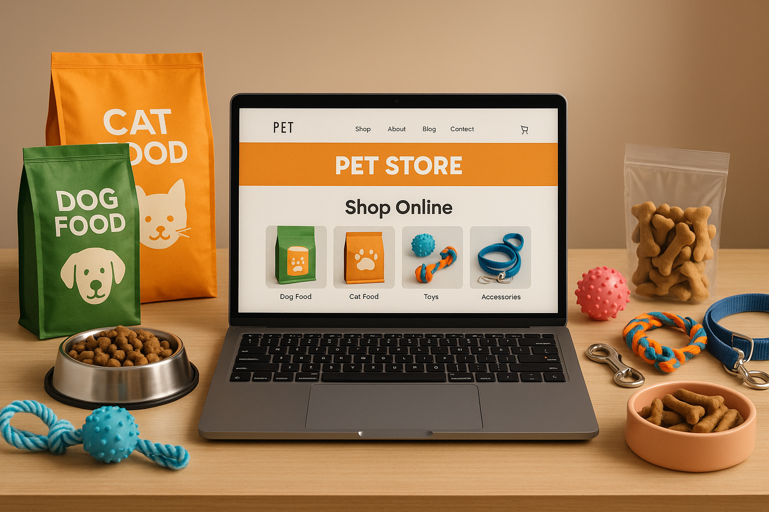create an image of an online pet store showing pet foods, accessories and a laptop