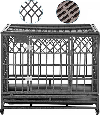 Heavy Duty Dog Crate Strong Metal Pet Kennel Playpen with Two Prevent Escape Lock, Large Dogs Cage with Wheels, Y Shape, Dark Silver … …