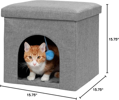 Pet House for Cats and Small Dogs - Collapsible Living Room Ottoman Footstool Cat Cave Condo Storage, Stormy Gray, Small